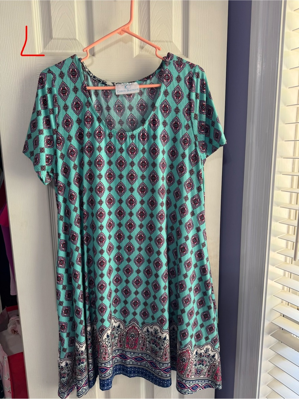 Aqua Patterned Short Sleeve Mini Dress with Border Hem
